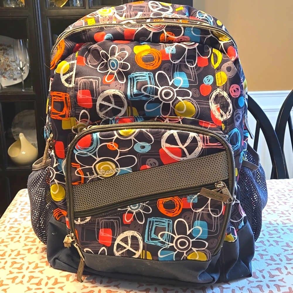 L.L. Bean Multi Colored Backpack Flowers and Peace Signs